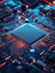 Obraz premium Intricate closeup of a processor chip on circuit board, exploring the complexities of modern computing hardware