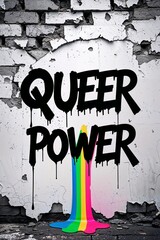 Dynamic street art featuring "QUEER POWER" in bold black typography, set against a bright rainbow gradient on a classic white brick city wall. A vibrant declaration of LGBTQ empowerment.