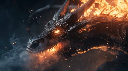 Epic black dragon with glowing eyes and flaming breath emerging from dark smoky background ideal for fantasy game art, mythical creature illustrations and cinematic storytelling visuals