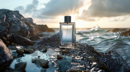 Minimal glass perfume bottle standing on wet rocky shore with ocean waves and moody clouds at sunset perfect for men’s fragrance advertising and dramatic product presentation