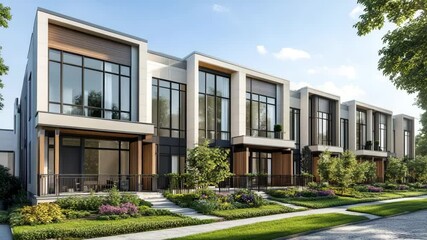 Contemporary city townhomes with clean architecture, bright sunlight, and greenery, ideal for residential property showcases - Powered by Adobe