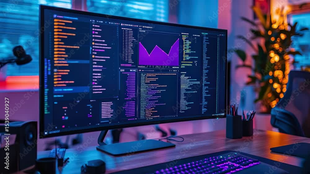 Aufkleber A modern workspace features a large monitor displaying code, analytics, and graphs with colorful ambient lighting.