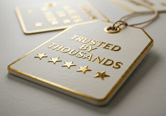 Label of Trust – Trusted by Thousands - Close-up of a luxury white tag with gold embossing reading “Trusted by Thousands” and five gold stars.
