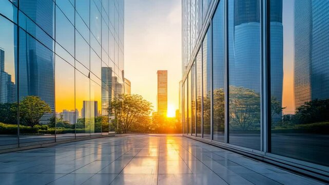 Contemporary commercial building exterior with sunset reflections and urban backdrop