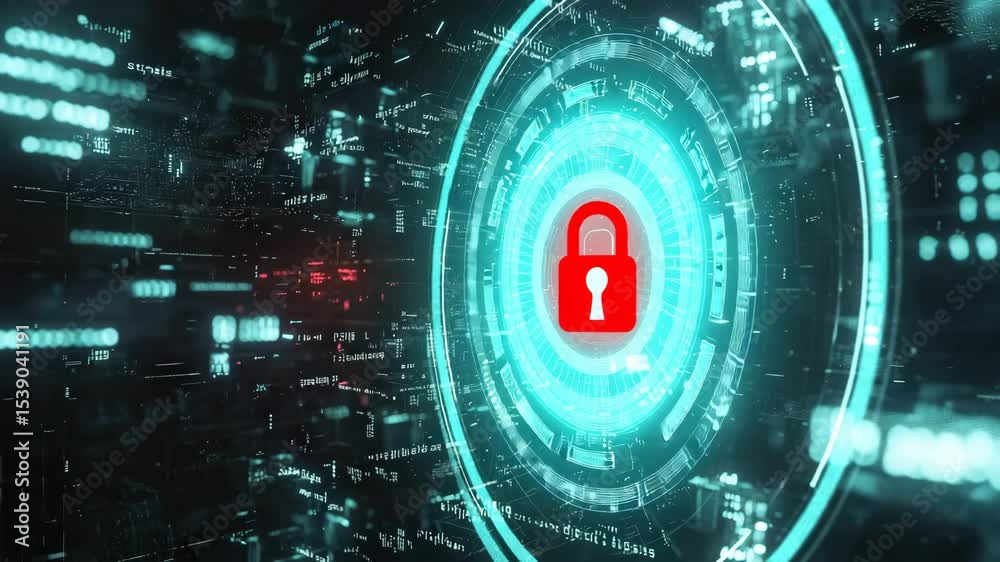 Poster A glowing red padlock icon is surrounded by intricate digital circuitry and data streams, symbolizing cyber security and data protection.