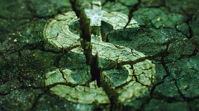 Cracked dollar sign symbolizes financial crisis and economic downturn in green tone