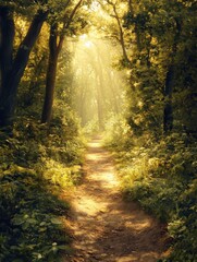 Obraz premium A sun-drenched forest path, bathed in golden light, reveals a mystical, verdant canopy.
