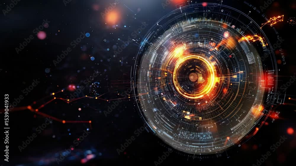 Poster A glowing futuristic digital interface with intricate circular graphs and abstract data visualizations in a dark space.