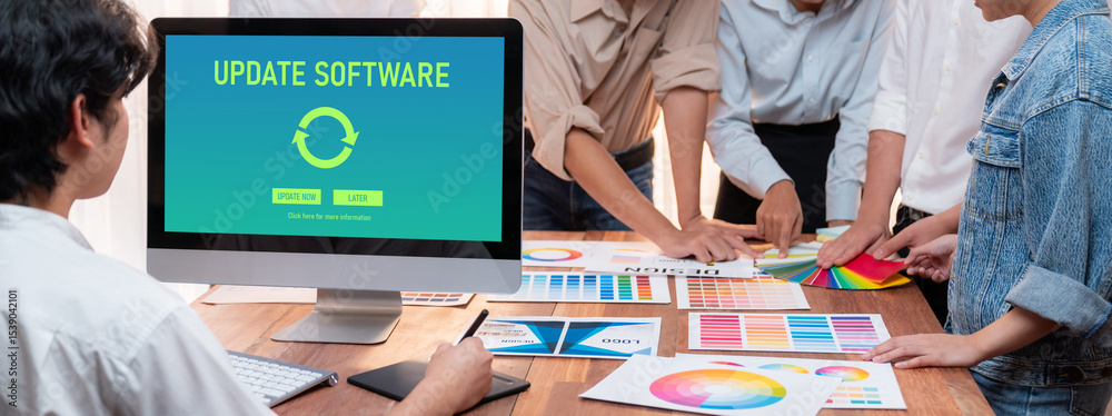 Poster Software update on computer for brisk version of device software upgrade