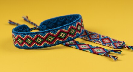 Vibrant Woven Friendship Bracelets on Yellow Background