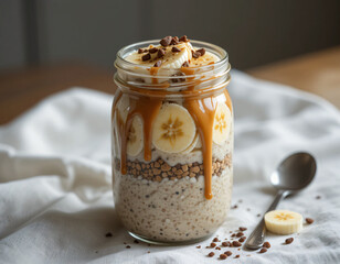  Healthy breakfast jar with overnight oats, banana, peanut butter, and cacao nibs