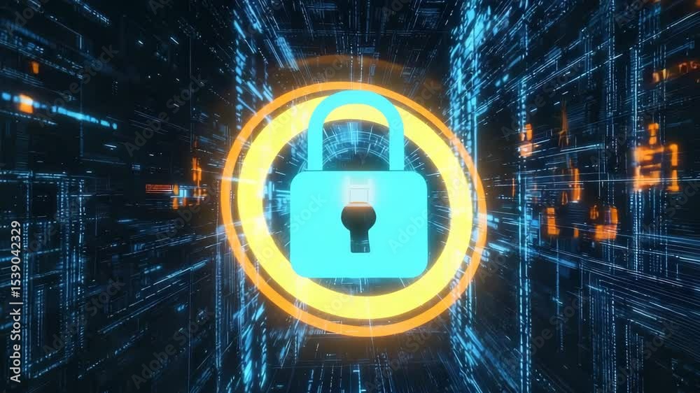 Poster A glowing padlock symbol is centered within a digital tunnel, representing cybersecurity and data protection.