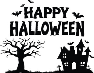 Happy Halloween Silhouette with Haunted House Tree and Bats