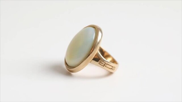 Elegant gold ring with oval moonstone on a white background  