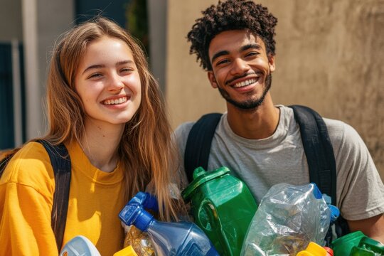 Young people share compliments while recycling plastic waste in a sunny urban environment, Happy young people complimenting each other after throwing away recyclables