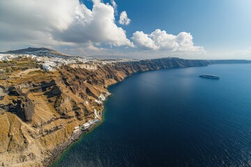 Exploring the breathtaking aerial views of Santorini island in Greece overlooking the crystal clear Aegean Sea, Tourism in Greece landscape Santorini island aerial view