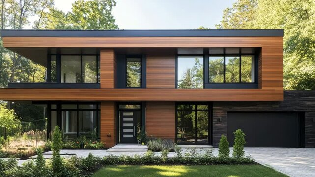 Contemporary house facade featuring natural cedar siding and sleek design