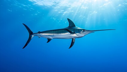 Fototapeta premium A marlin swimming gracefully in the deep blue ocean with sunlight filtering from the surface above