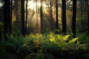 Obraz premium Exploring the lush native forest of Tasmania with vibrant fern plants thriving in dappled sunlight, Native forest Tasmania Australia Fern plants nature background