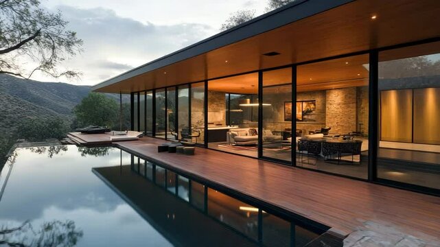 Contemporary residence with glass walls and open layout, blending seamlessly with canyon scenery and wildlife
