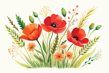 Vibrant Red Poppies and Wildflowers A Summer Meadow Illustration