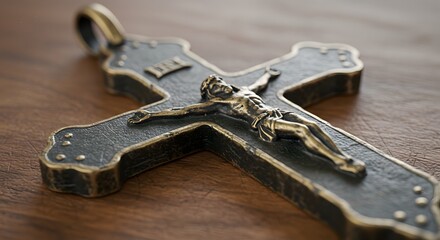 Close-up of a Christian crucifix pendant with aged metal texture