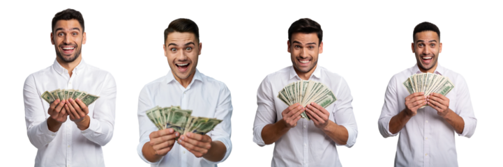 Set of Happy excited man holding an indian rupee money on both hand isolated on transparent background