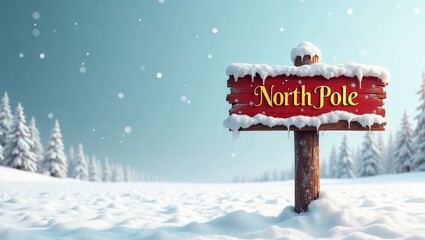 Red North Pole sign in snowy landscape with pine trees