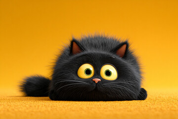 Fluffy black cat with large eyes lies comfortably on a vibrant yellow surface, showcasing a cute expression