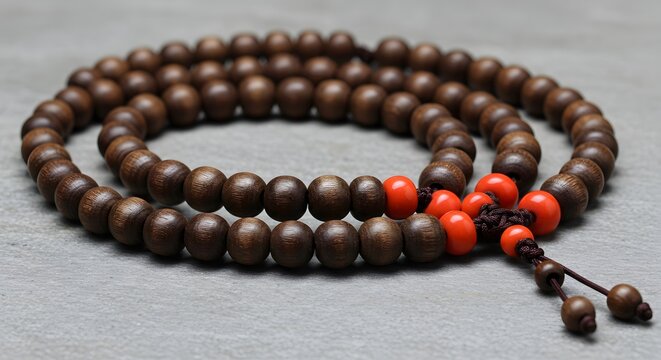 Macro image of a Tibetan mala bead necklace on a stone surface