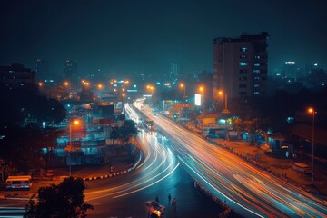 Nighttime traffic flows through the illuminated streets of Bangalore, showcasing the city's vibrant energy, night illumination bangalore city traffic street crossroad panorama timelapse india
