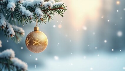 Golden Christmas ornament hanging on snowy pine tree in winter light