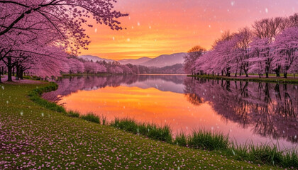 Serene lake with cherry blossoms and a vivid sunset reflection in a misty spring landscape