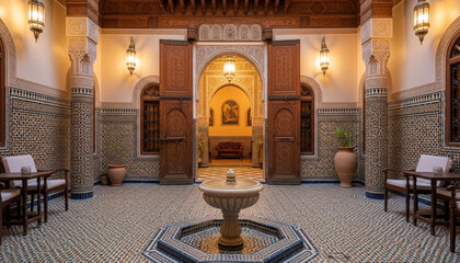 Ornate Moroccan interior with elegant arches, colorful mosaics, and a warm, inviting ambiance