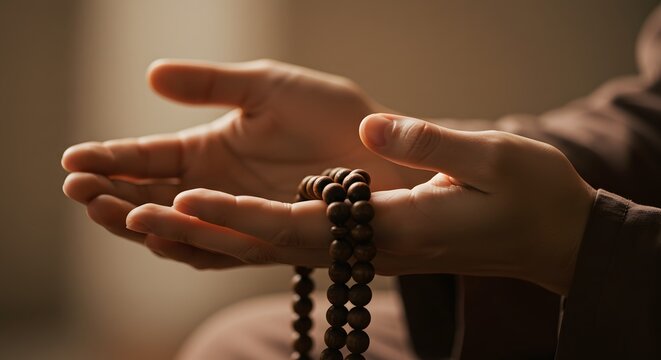 Close-up of hands using a Buddhist mala necklace for chanting