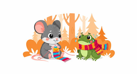 Fototapeta premium Cute Cartoon Mouse Knitting a Scarf for a Crying Frog