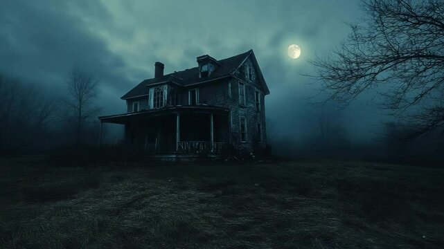 Creepy nighttime view of deserted house interior and exterior, perfect for horror and mystery settings