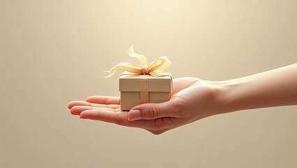 Female hand holding small beige Christmas gift with ribbon