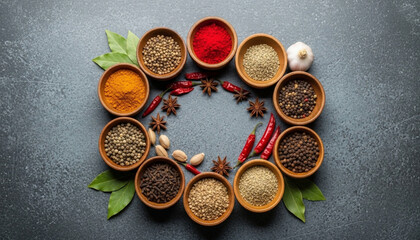 Circular arrangement of vibrant spices in wooden bowls on a textured stone surface with rich colors and contrasts