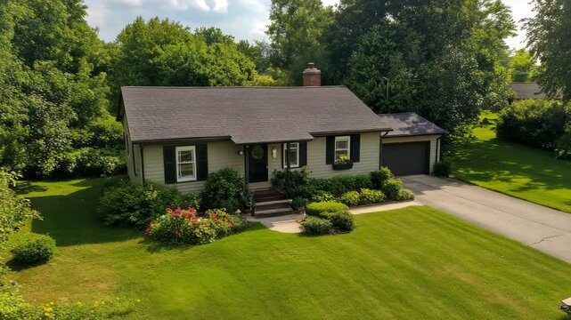 Drone flyover of charming cottage-style home surrounded by lawn, ideal for property listings and suburban visuals