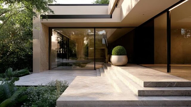 Elegant front entry of contemporary villa featuring marble stairs, large windows, and garden courtyard