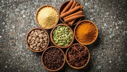 Circular arrangement of vibrant spices in wooden bowls on a textured stone surface