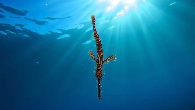 Ornate ghost pipefish swimming vertically in clear blue ocean water with sun rays shining down