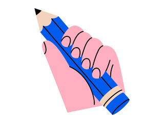 Hand drawn cute illustration of hand holding pencil. Flat vector school stationery in arm doodle. Creative process. Designer or painter. Education tool. Writing a message sticker, icon. Isolated.