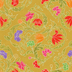 Vibrant Folk Art Floral Vine Pattern on Gold