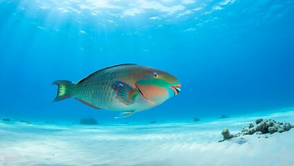Naklejka premium A vibrant parrotfish swimming gracefully in the clear blue ocean above a sandy seabed with coral reefs
