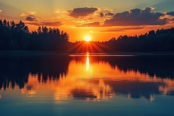 Obraz premium Vibrant sunset over tranquil lake with reflective water and surrounding trees creating a serene atmosphere, Sunset over peaceful lake with reflective water and trees in background