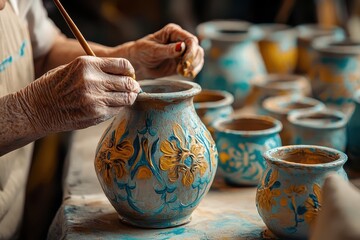 Senior woman adds detailed patterns to ceramic pots in bright studio filled with colors, Detail of hand and paint pots, senior woman painting ceramic vase Cinematic