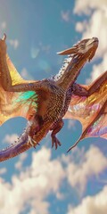 Fototapeta premium Majestic iridescent dragon soaring through a vibrant sky