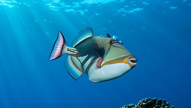 Close up shot of a reef triggerfish swimming in the blue ocean water near some coral formations